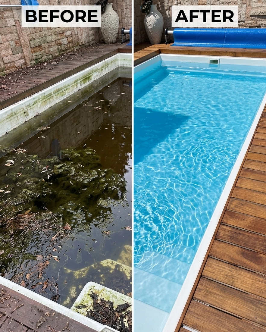 Pool before and after cleaning service by Pool Doctor — from green algae to crystal clear water
